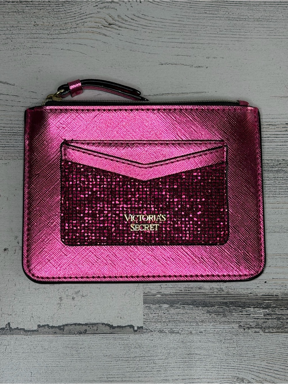 Victoria’s Secret Metallic Pink Glitter Zip Wristlet Card Holder